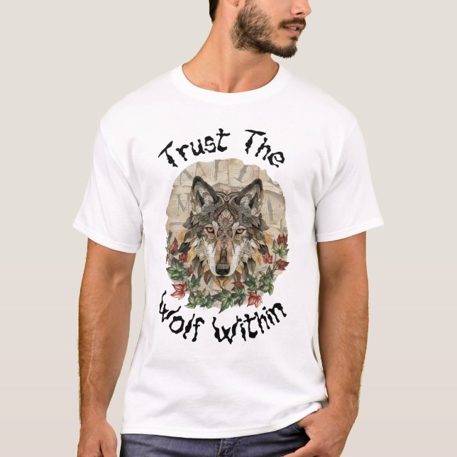 T-shirt Loup Orné Boho avec Feuilles (Devant)