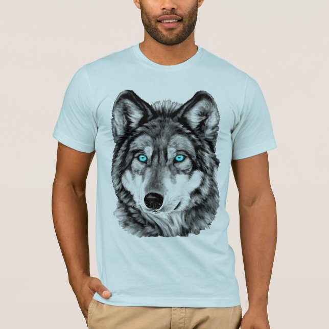 T-shirt Loup peint par gamme de gris aux yeux bleus (Devant)