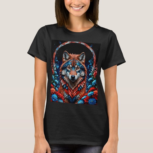 T-shirt Loup rouge, blanc, bleu (Devant)