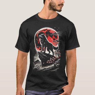 T-shirt Loup Solitaire Dans Lune Rouge - Art de Tatouage d