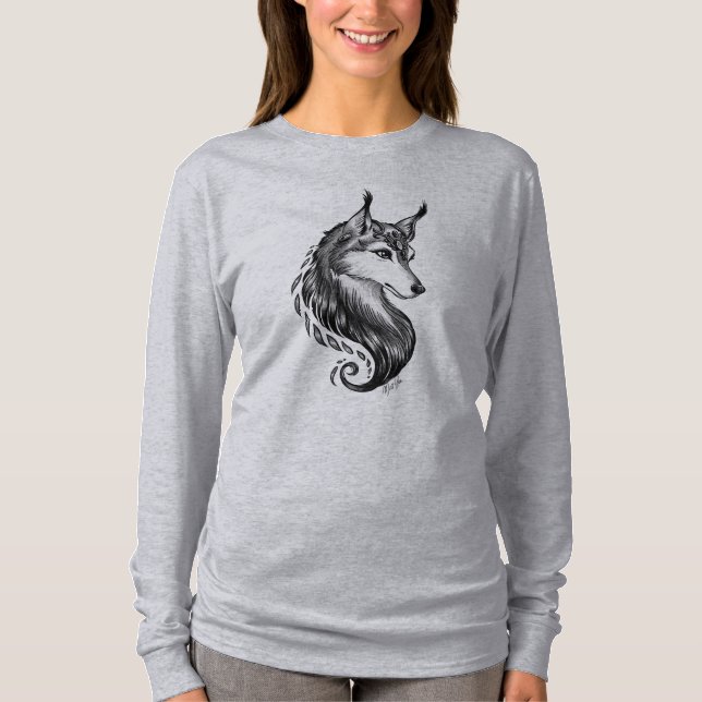 T-shirt Loup tiré par la main blanc noir outre de chemise (Devant)