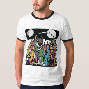 T-shirt Loups amusants et Pleine lune Art Abstrait