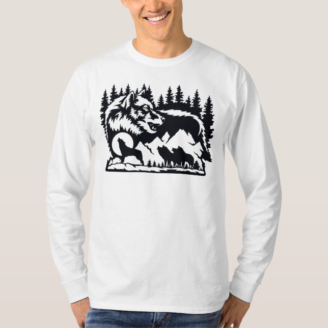 T-shirt Loups Dans La Nuit À hurler À La Silhouette Lune (Devant)