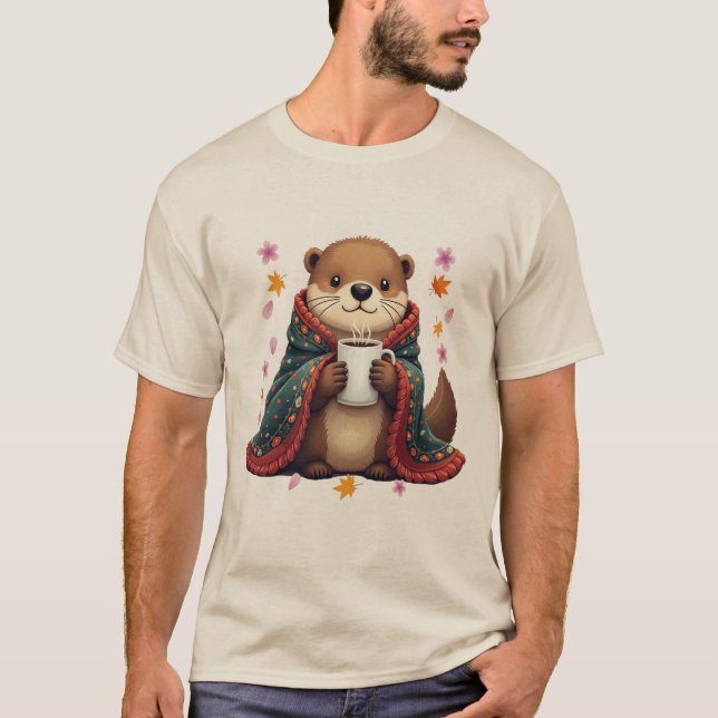 T-shirt Loutre avec tasse à café dans une couverture confo (Devant)