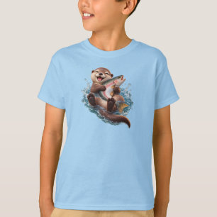 T-shirt Loutre mignonne serrant un poisson géant – Loutre