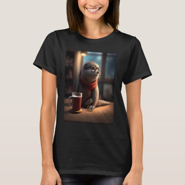 T-shirt Loutre Nerd Loutre Buvant du Café 1 (Devant)