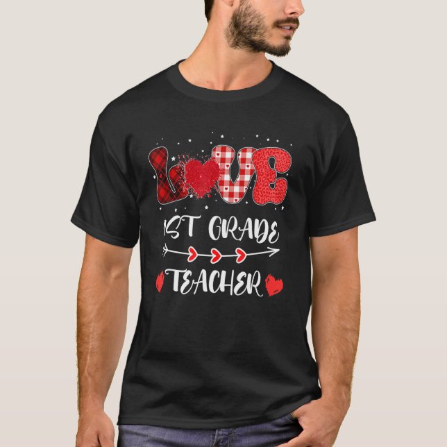 T-shirt Love 1st Grade Teacher Heart Leopard Buffalo Plaid (Devant)