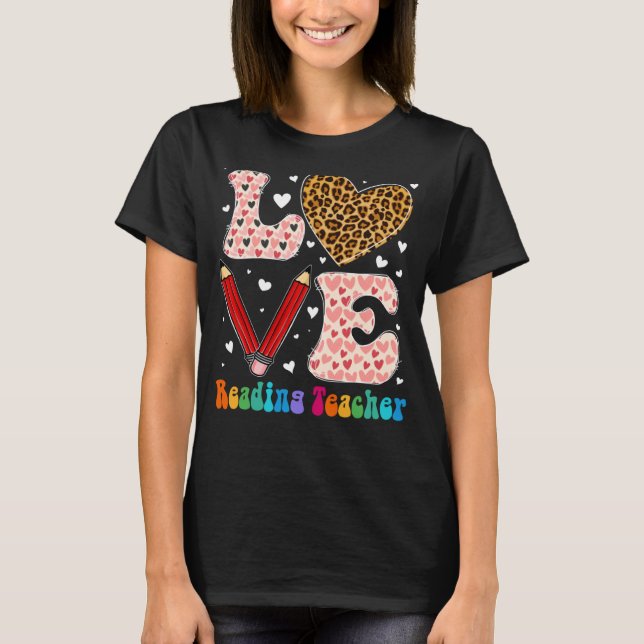 T-shirt Love Coeur Lecture Enseignant Leopard Plaid Red Va (Devant)