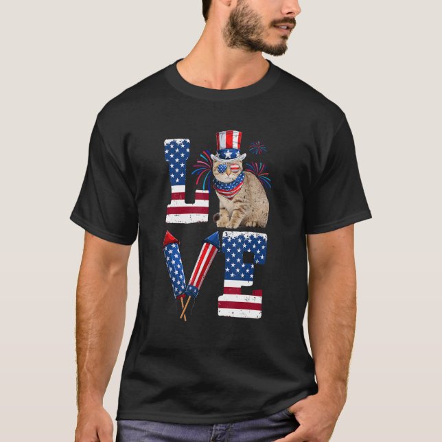 T-shirt LOVE Costume American Flag Fireworks Scottish Fold (Devant)
