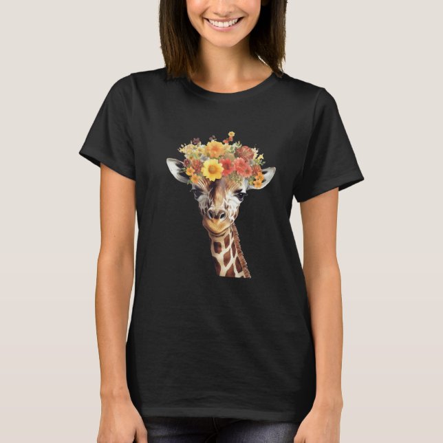 T-shirt Love giraffe Women wildlife giraffe  with Flowers (Devant)