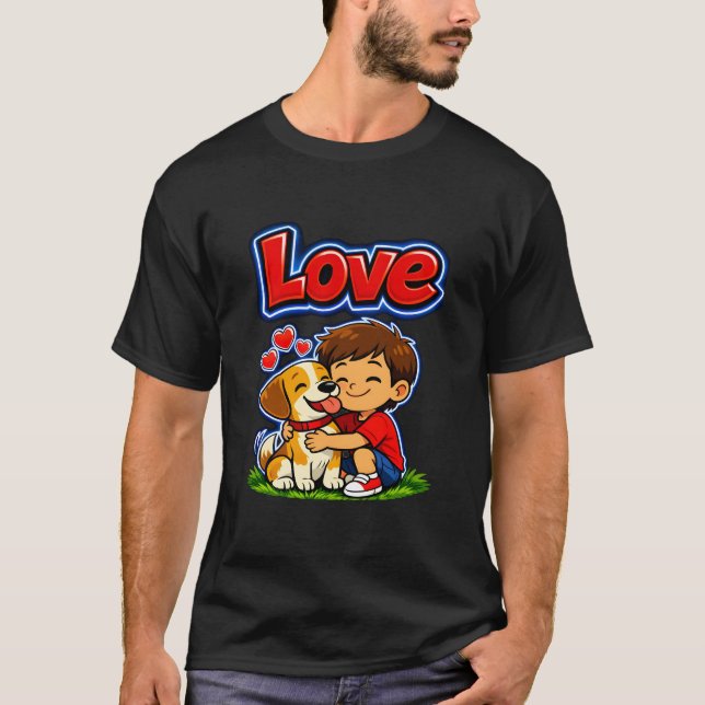 T-shirt Love Glow – Garçon et Chien s'embrassant (Devant)
