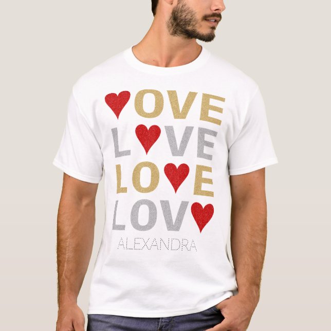 T-shirt Love Heart Red Gold Silver Parties scintillant Nom (Devant)