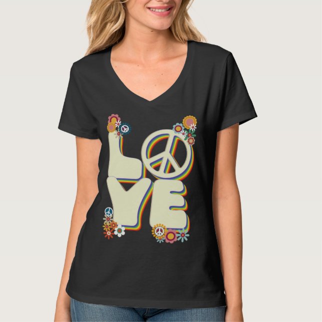 T-shirt Love Hippie Peace Sign Flowers Groovy 60s 70s Retr (Devant)