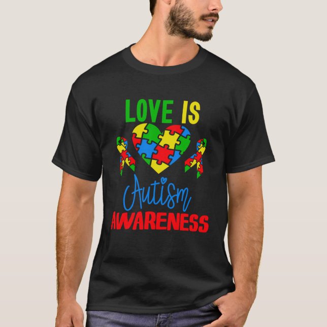 T-shirt Love is Autism Awareness Puzzle Pieces Heart and R (Devant)