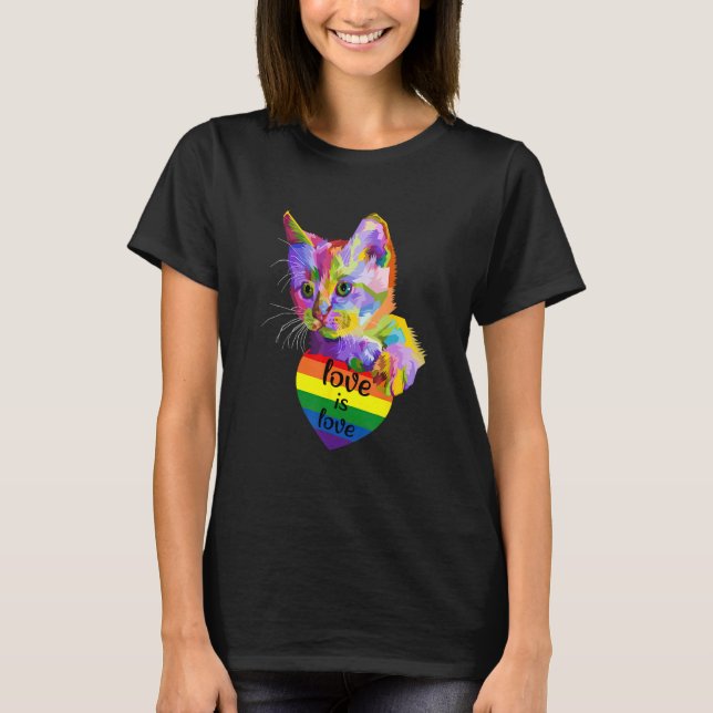 T-shirt Love Is Love Cat LGBT Flag Gay Pride Month Rainbow (Devant)