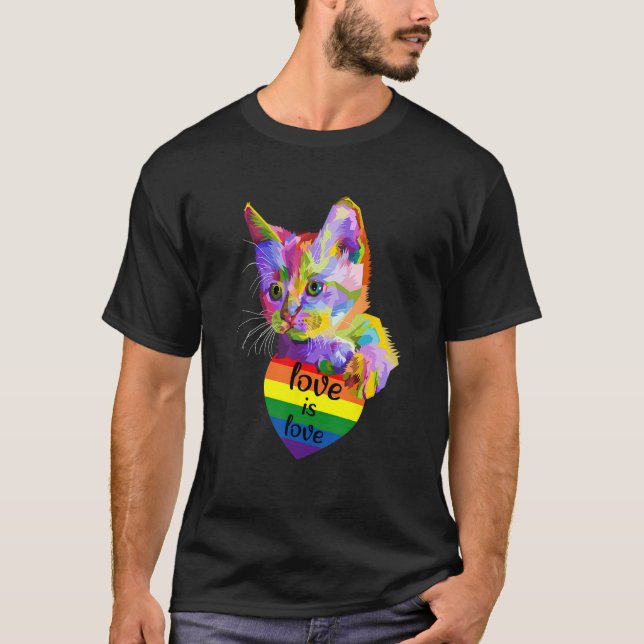 T-shirt Love Is Love Cat LGBT Flag Gay Pride Month Rainbow (Devant)