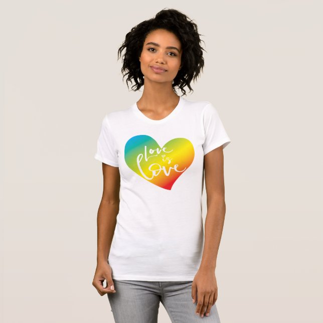T-shirt LOVE IS LOVE LBGT coeur arc-en-ciel blanc lettrage (Devant entier)