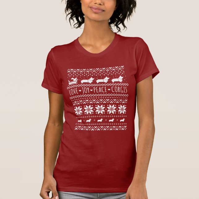 T-shirt Love Joy Peace Corgis Festive Noël (Devant)