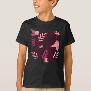 T-shirt Love Love Flowers Black White Love Word Motif