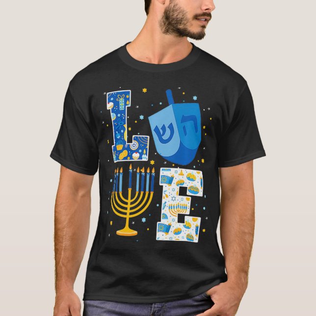 T-shirt LOVE Mignonne Hanoukka Décorations Dreidel Menorah (Devant)