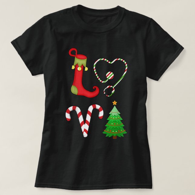 T-shirt Love noël Stethoscope Nurse Tree ELF Candy Xm (Design devant)