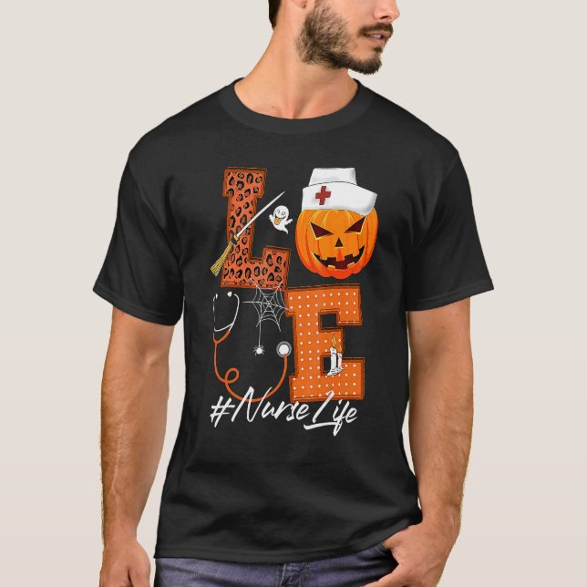 T-shirt Love Nurse Citrouille Leopard Automne Halloween Th (Devant)