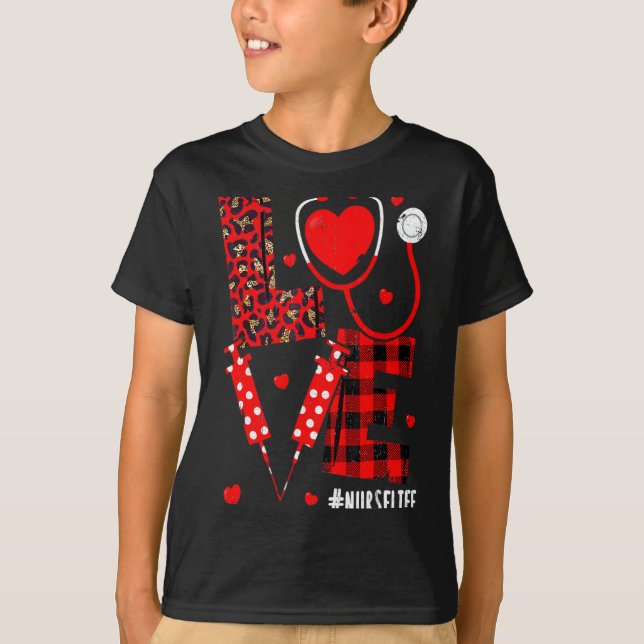 T-shirt Love Nurse Life Valentine Day Leopard Plaid Red He (Devant)