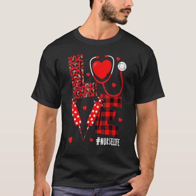 T-shirt LOVE Nurse Life Valentine Day Leopard Plaid Red He (Devant)