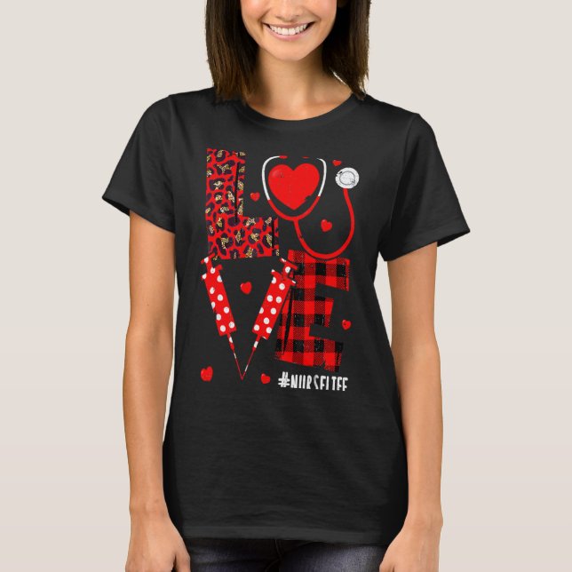 T-shirt Love Nurse Life Valentine Day Leopard Plaid Red He (Devant)