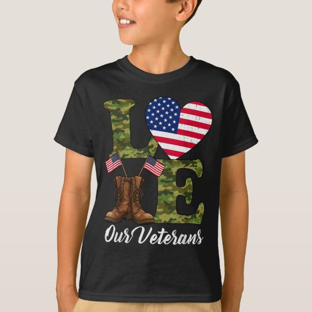 T-shirt Love Our Veterans Usa Flag Heart Patriotic Army Mi (Devant)