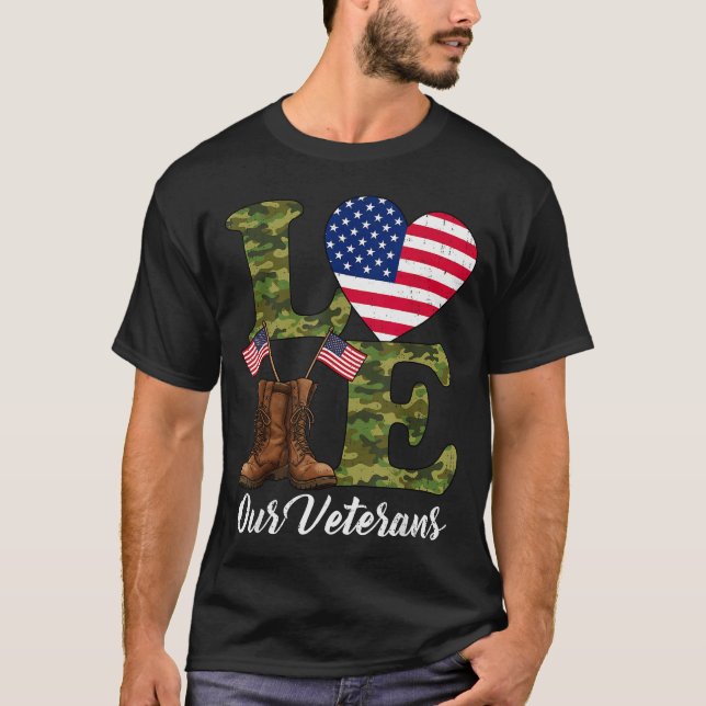 T-shirt Love Our Veterans Usa Flag Heart Patriotic Army Mi (Devant)