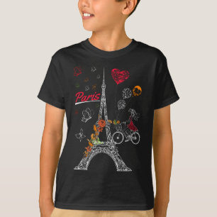T-shirt Love Paris Thème Voyage France Fleur Tour Eiffel