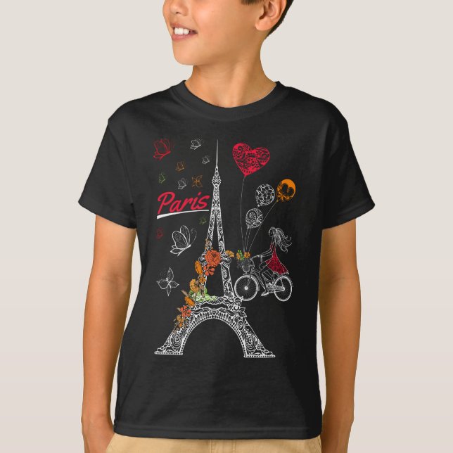 T-shirt Love Paris Thème Voyage France Fleur Tour Eiffel (Devant)