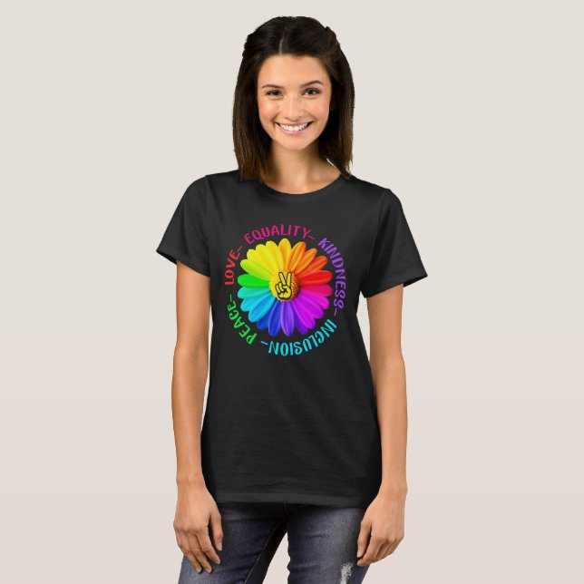 T-shirt Love Peace Kindness Inclusion Peace Sign Daisy (Devant entier)