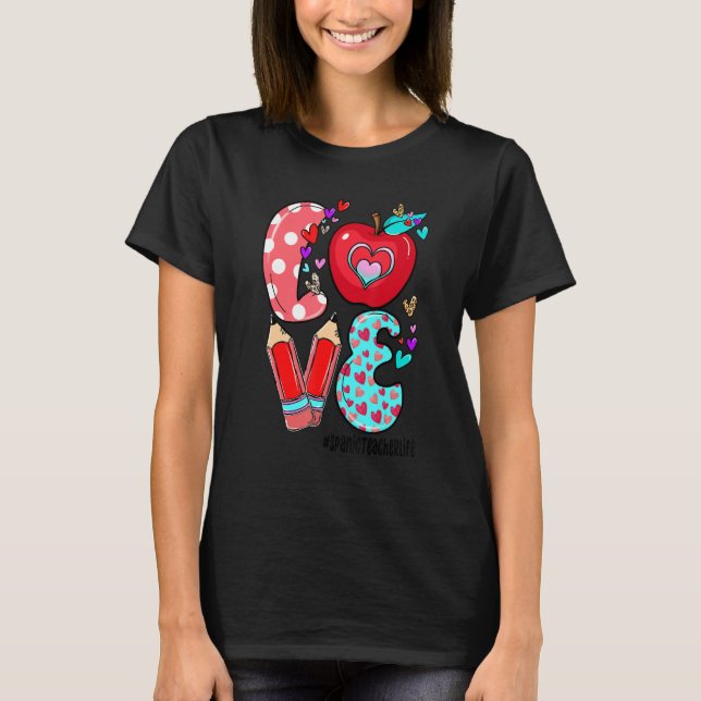 T-shirt LOVE Spanic Teacher Life Leopard Heart Valentine's (Devant)