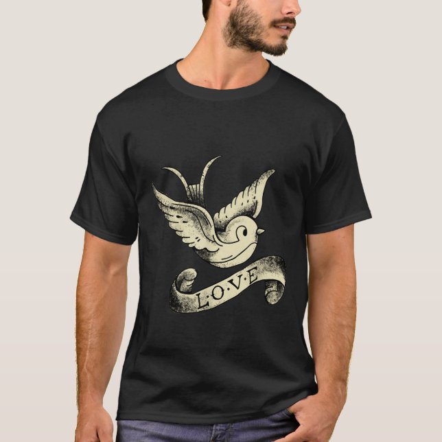 T-shirt Love Sparrow Vintage Tattoo Design  (Devant)