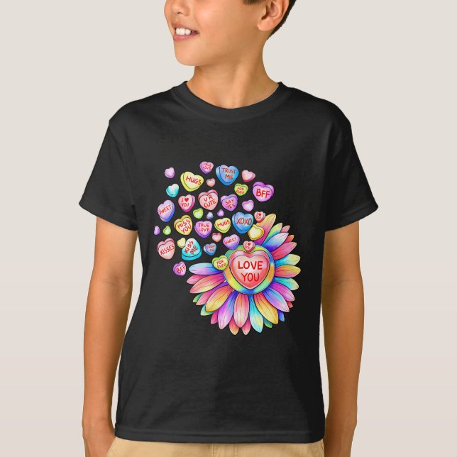 T-shirt Love Sunflower Hearts Candy Valentines Day Womens  (Devant)