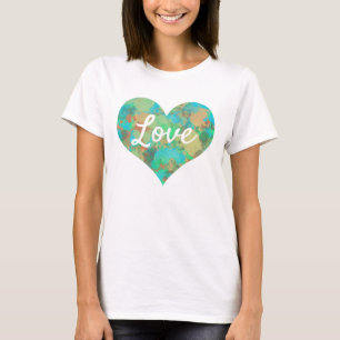 T-shirt Love Text Heart Shape Green Drops