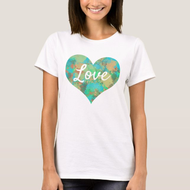 T-shirt Love Text Heart Shape Green Drops (Devant)