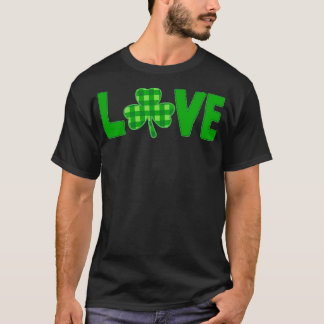 T-shirt Love Typographie verte avec un shamrock vert plaid