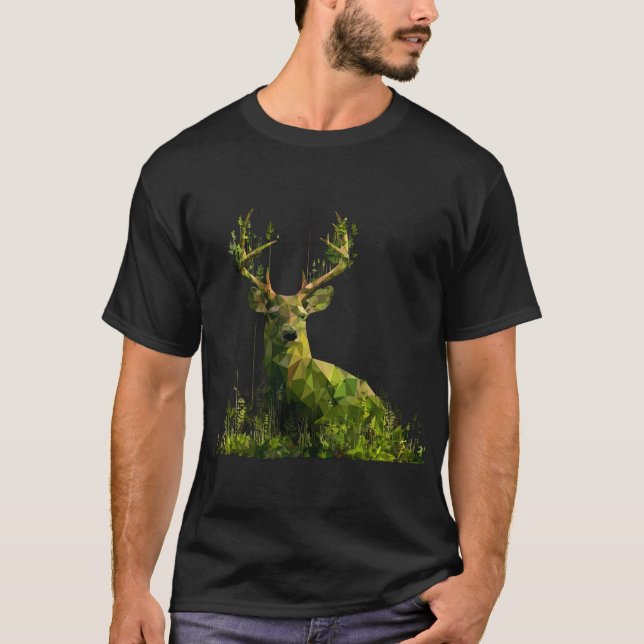 T-shirt Low-Poly Green Deer — Geometric Forest Wildlife (Devant)