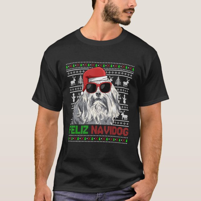 T-shirt Lowchen chien Feliz Navidog drôle de Noël (Devant)