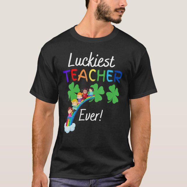 T-shirt Luckiest Teacher Ever Child Riding Rainbow St Patr (Devant)