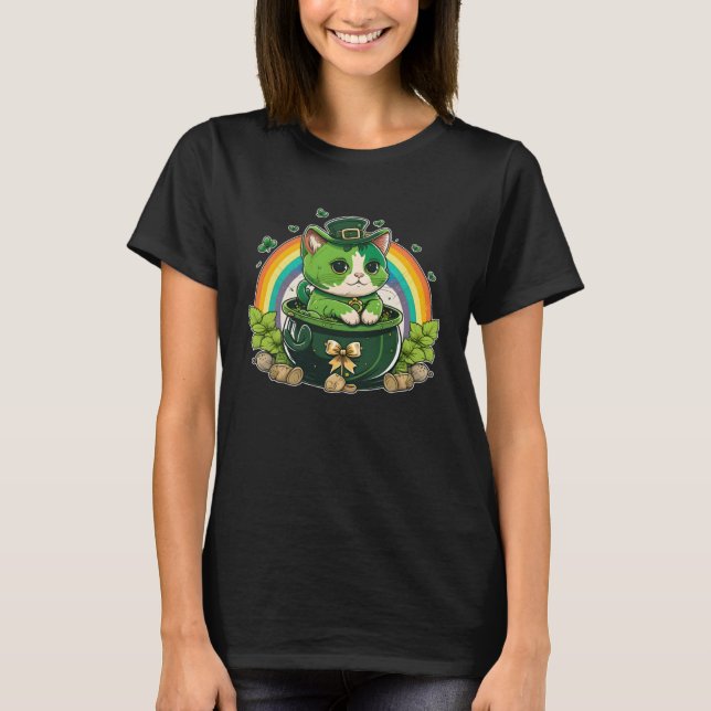 T-shirt Lucky Cat and Pot Rainbow Shamrock St Patrick s Da (Devant)