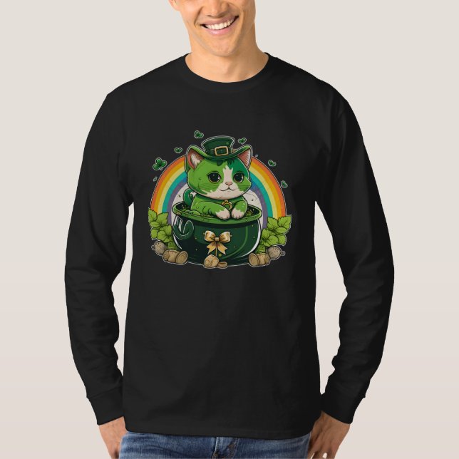 T-shirt Lucky Cat and Pot Rainbow Shamrock St Patrick s Da (Devant)