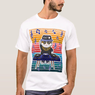 T-shirt Lucky Cat Maneki Neko DJ Retro Music Art