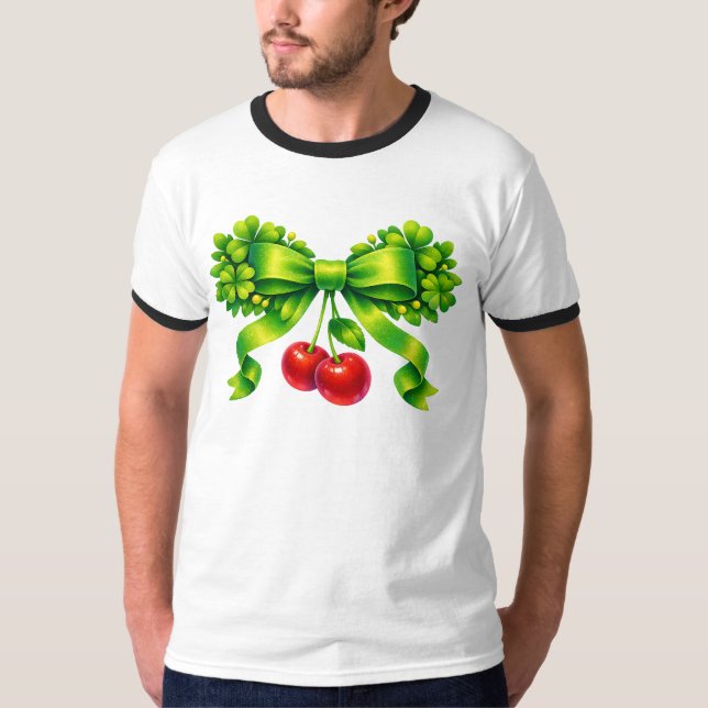 T-shirt Lucky Clover Bow with Cherries Green Design (Devant)