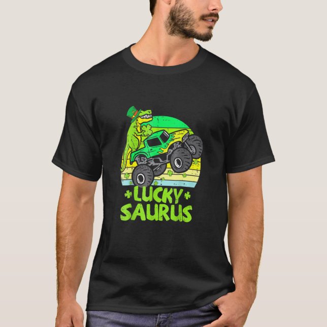 T-shirt Lucky Dinosaur Monster Truck T Rex Shamrock St Pat (Devant)
