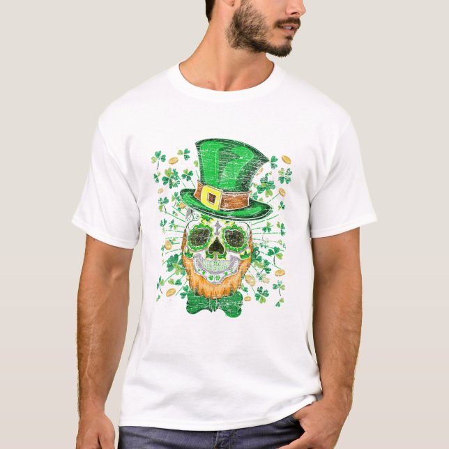 T-shirt Lucky Four Leaf Shamrock Clover Skull Irish St Pat (Devant)