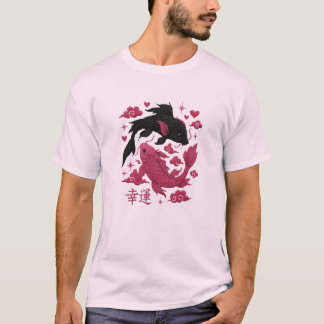 T-shirt Lucky Koi Yin-Yang Embroidery | Black & Pink Aesth